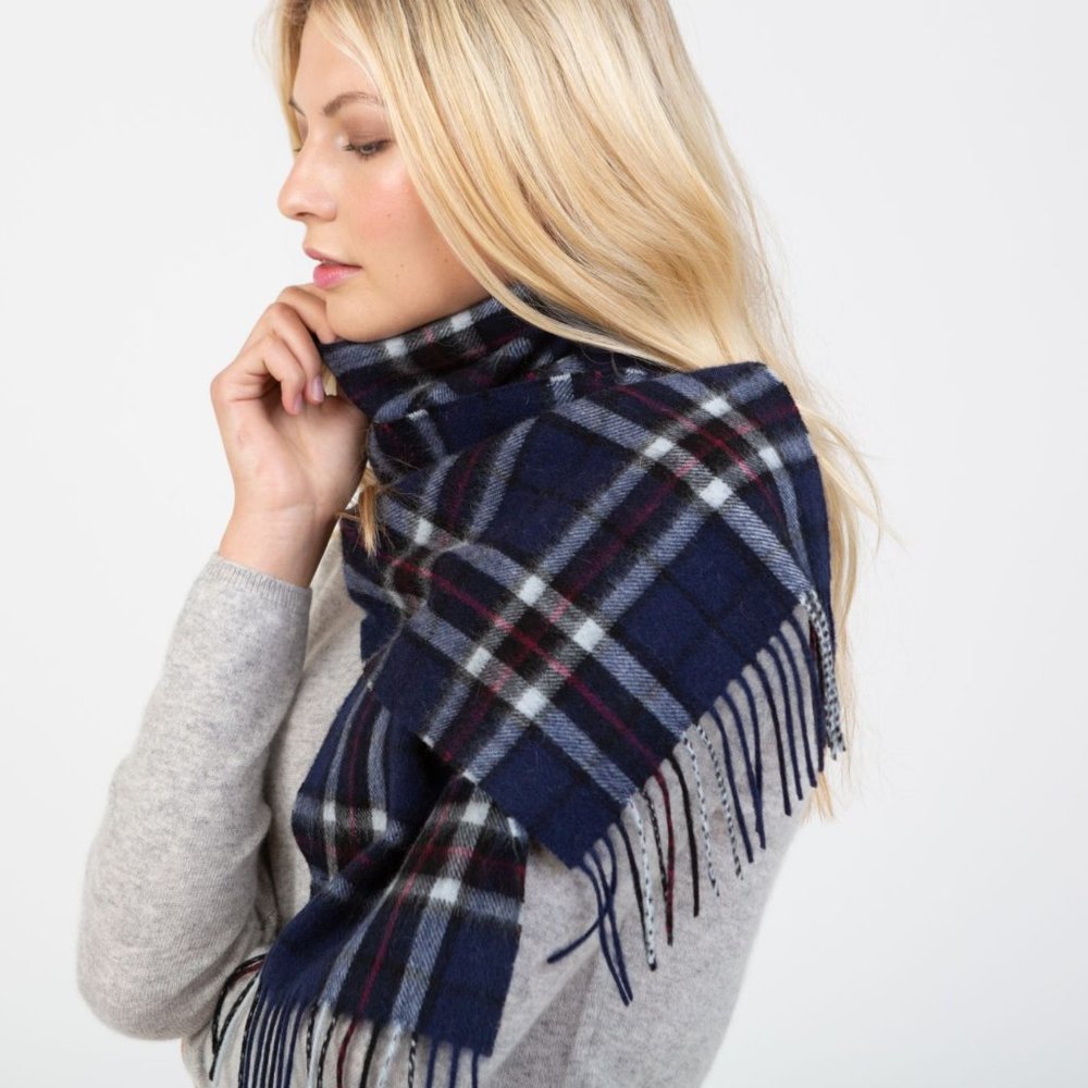 Kiltane Scotland 100% Cashmere Navy Blue Red Plaid Shawl Blanket Stole Scarf